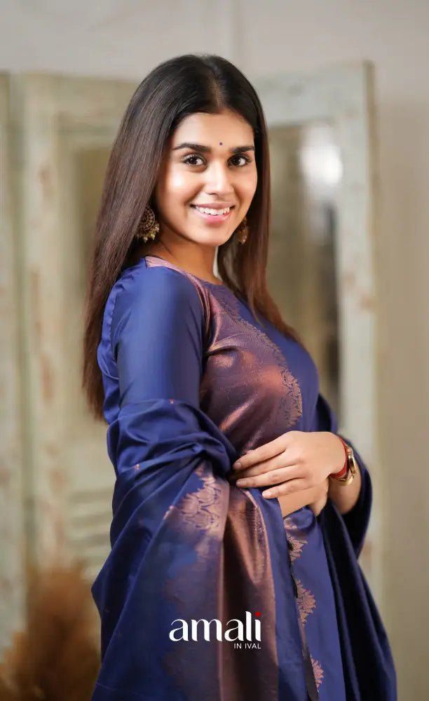 Sanvi - Dark Blue Unstitched Semi Kanchipuram Silk Salwar salwar