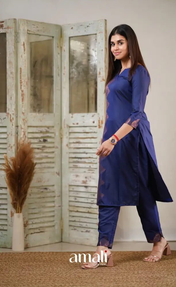 Sanvi - Dark Blue Unstitched Semi Kanchipuram Silk Salwar salwar