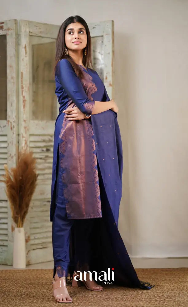 Sanvi - Dark Blue Unstitched Semi Kanchipuram Silk Salwar salwar