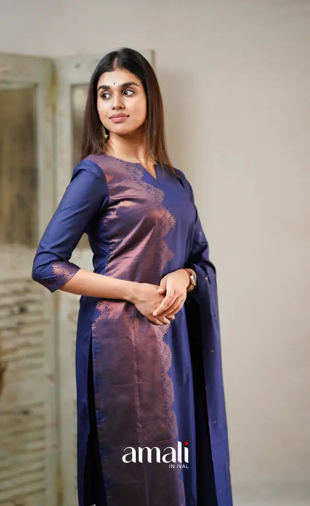Sanvi - Dark Blue Unstitched Semi Kanchipuram Silk Salwar salwar