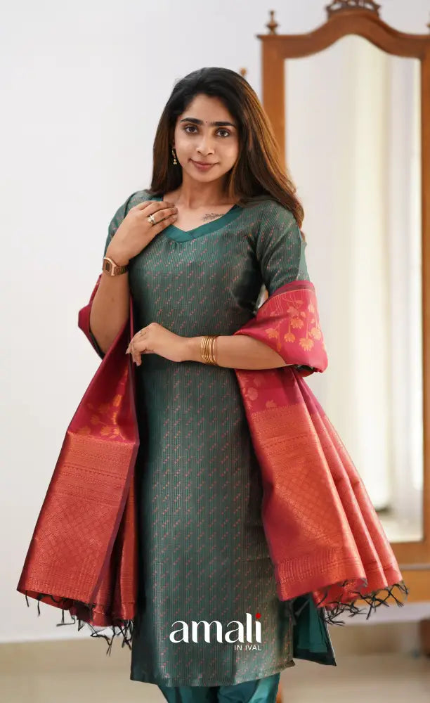 Sanvi - Dark Green and Maroon Semi Kanchipuram Silk Salwar salwar