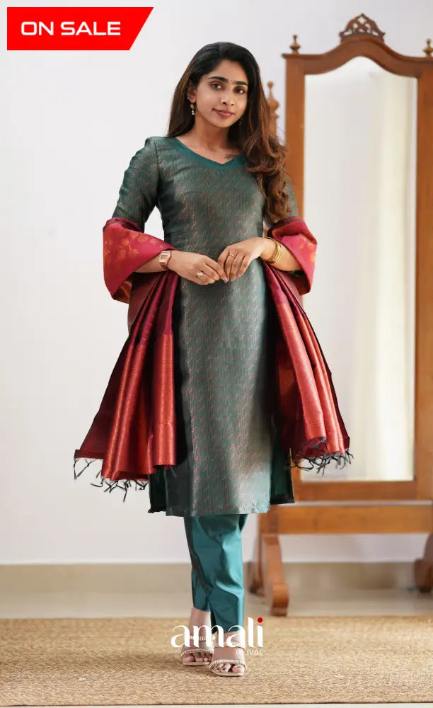 Sanvi - Dark Green and Maroon Semi Kanchipuram Silk Salwar salwar