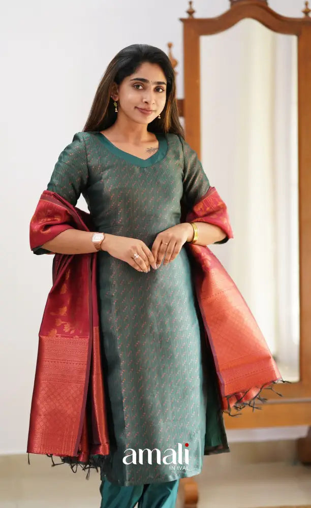 Sanvi - Dark Green and Maroon Semi Kanchipuram Silk Salwar salwar