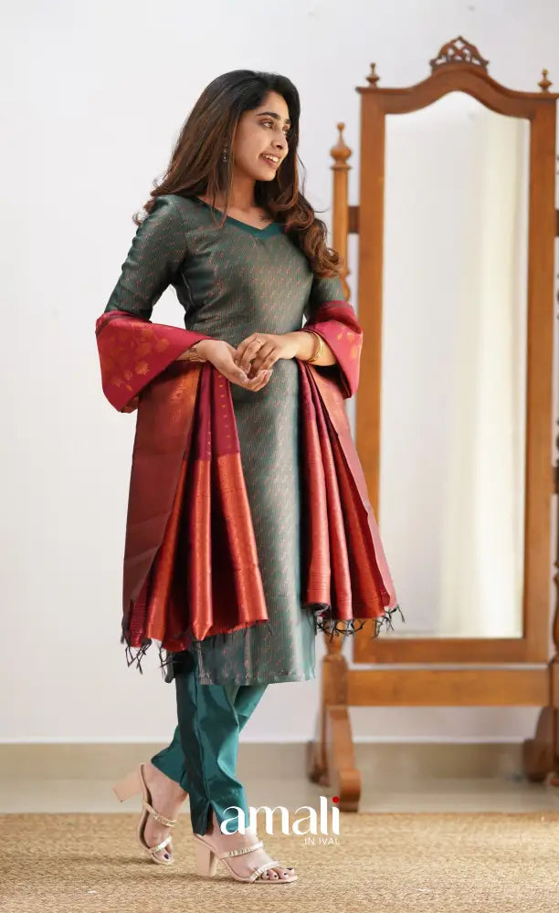 Sanvi - Dark Green and Maroon Semi Kanchipuram Silk Salwar salwar