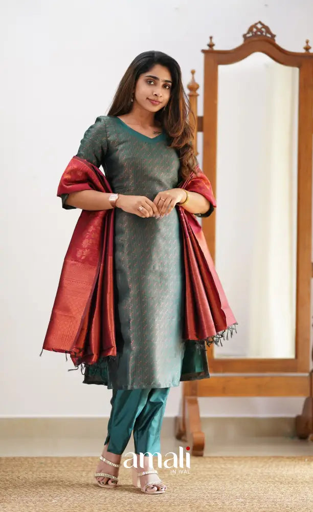 Sanvi - Dark Green and Maroon Semi Kanchipuram Silk Salwar salwar