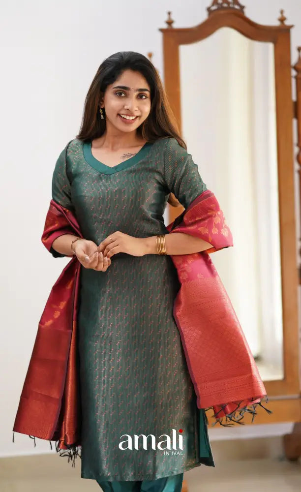 Sanvi - Dark Green and Maroon Semi Kanchipuram Silk Salwar salwar