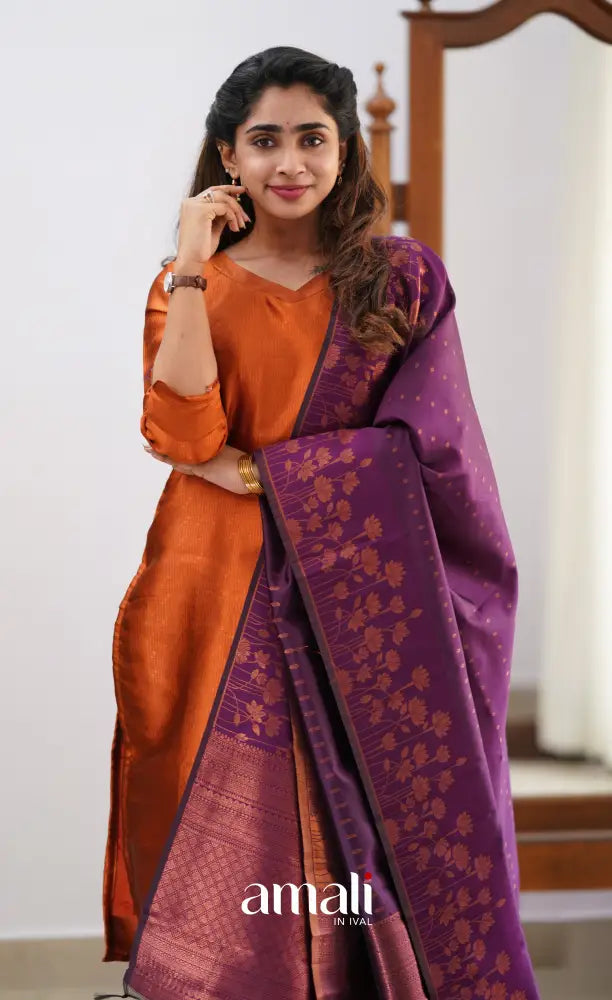 Sanvi - Dark Orange and Purple Semi Kanchipuram Silk Salwar salwar