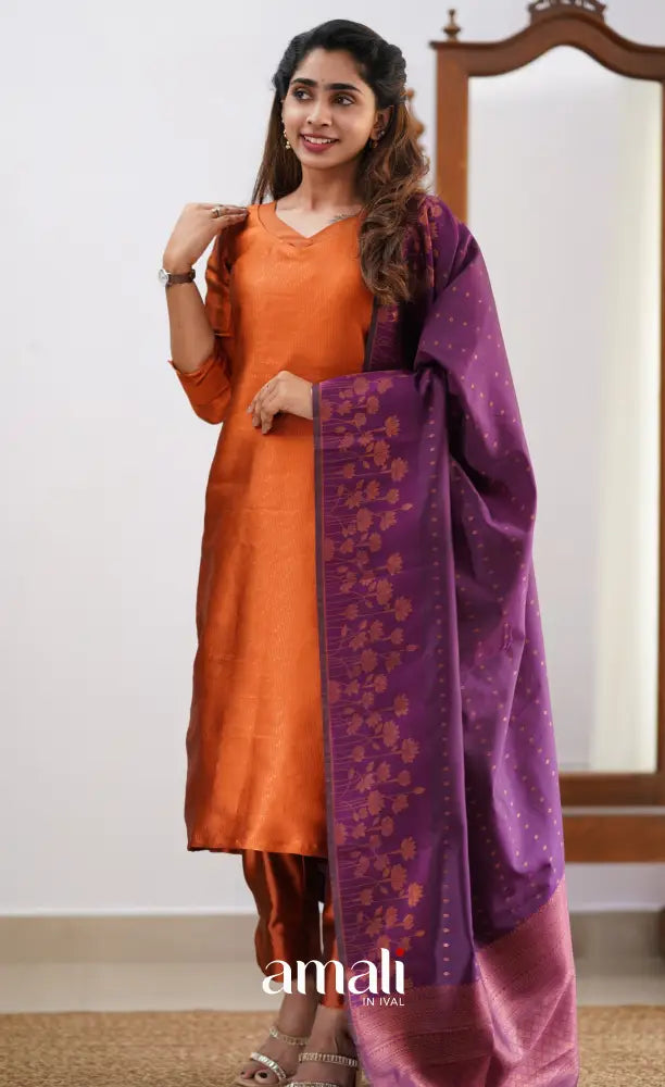 Sanvi - Dark Orange and Purple Semi Kanchipuram Silk Salwar salwar