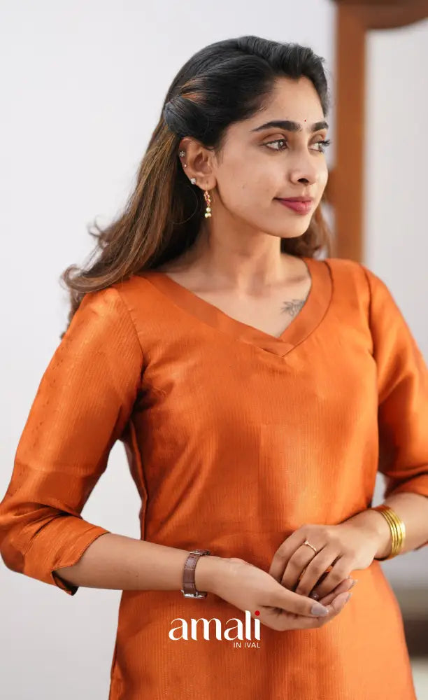 Sanvi - Dark Orange and Purple Semi Kanchipuram Silk Salwar salwar