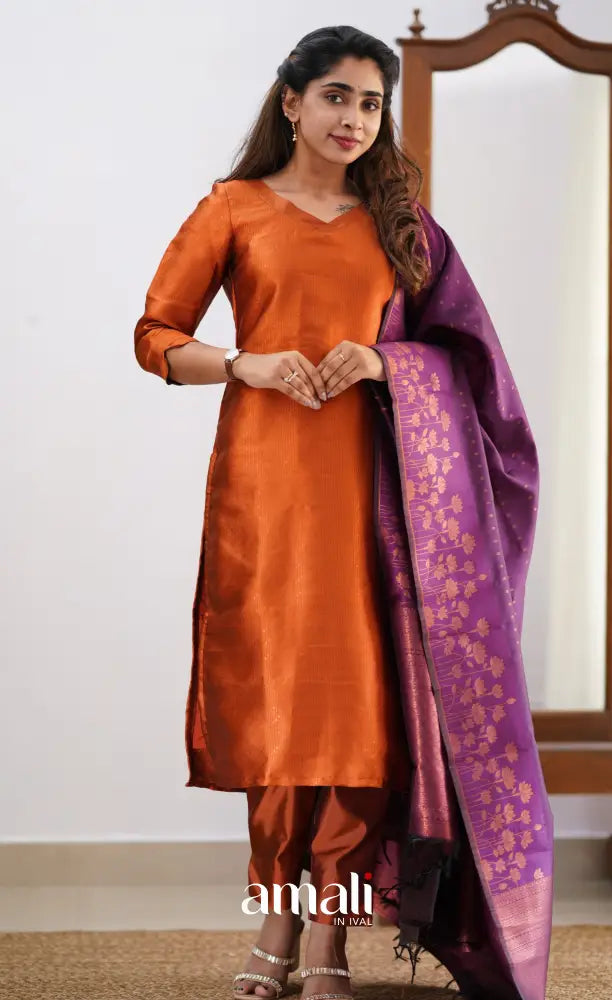 Sanvi - Dark Orange and Purple Semi Kanchipuram Silk Salwar salwar