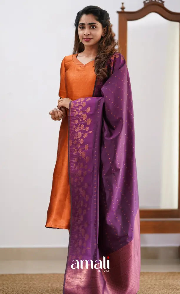 Sanvi - Dark Orange and Purple Semi Kanchipuram Silk Salwar salwar