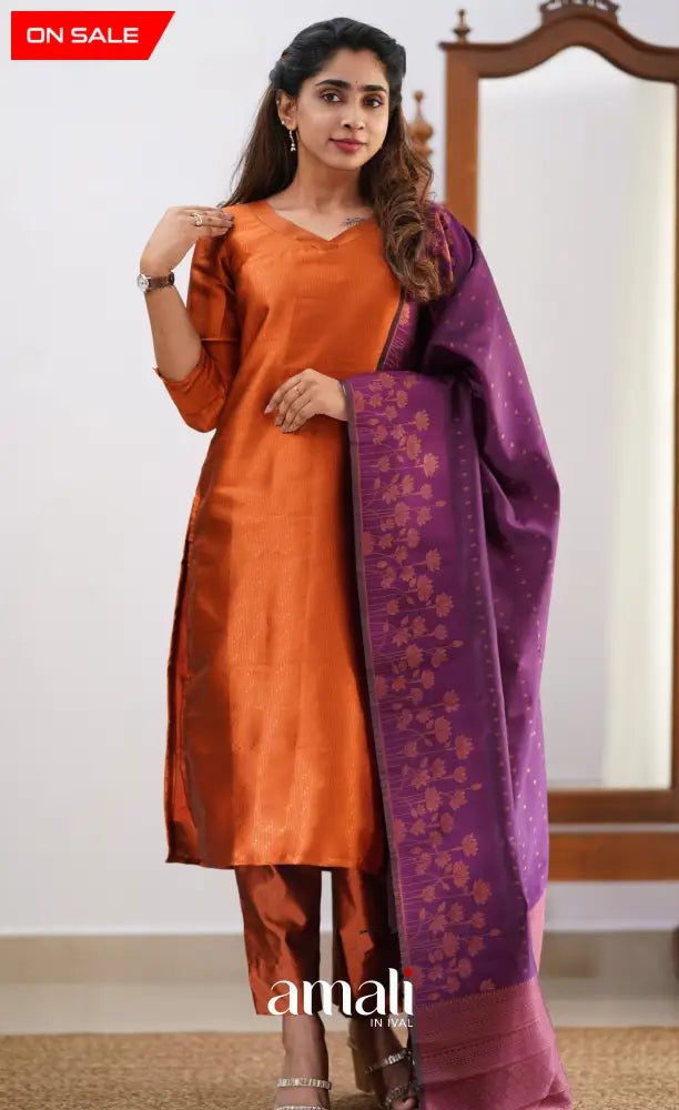 Sanvi - Dark Orange and Purple Semi Kanchipuram Silk Salwar salwar