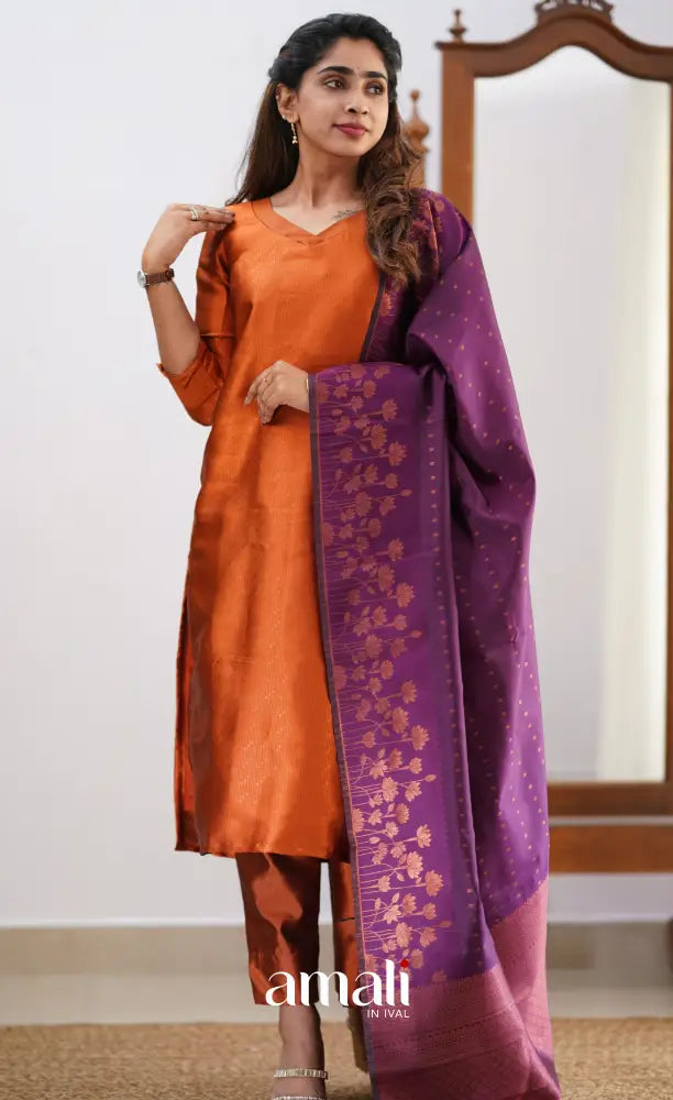 Sanvi - Dark Orange and Purple Semi Kanchipuram Silk Salwar salwar