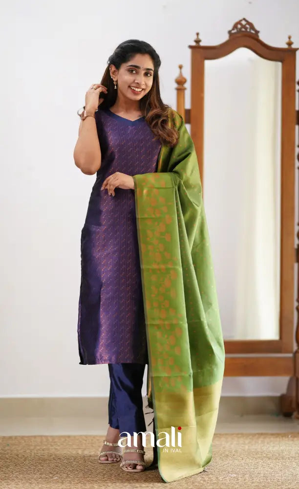 Sanvi - Dark Purplish Blue and Light Green Semi Kanchipuram Silk Salwar salwar
