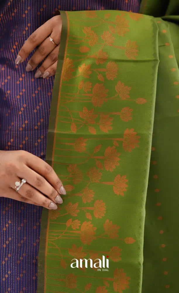 Sanvi - Dark Purplish Blue and Light Green Semi Kanchipuram Silk Salwar salwar
