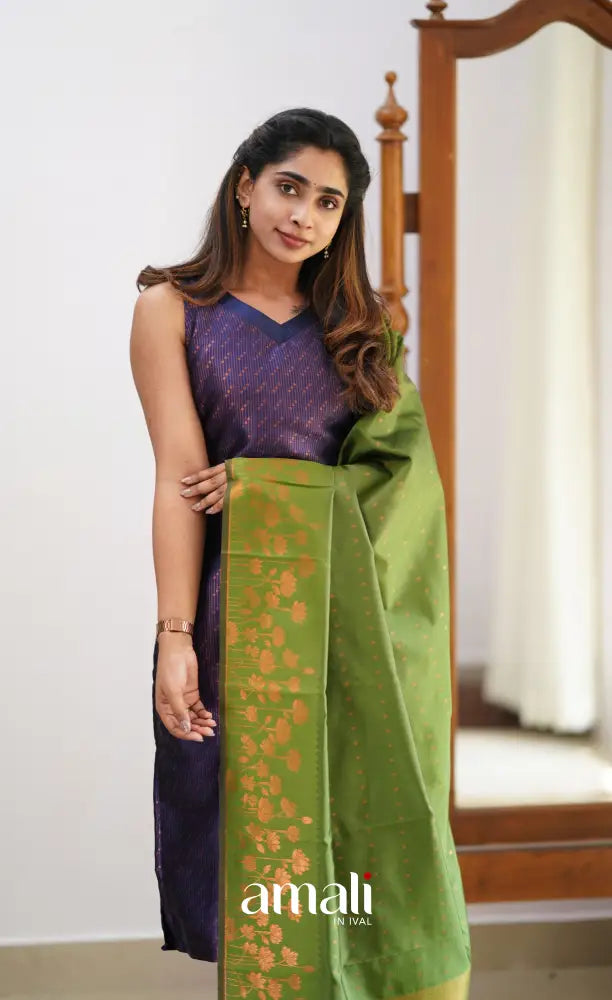 Sanvi - Dark Purplish Blue and Light Green Semi Kanchipuram Silk Salwar salwar