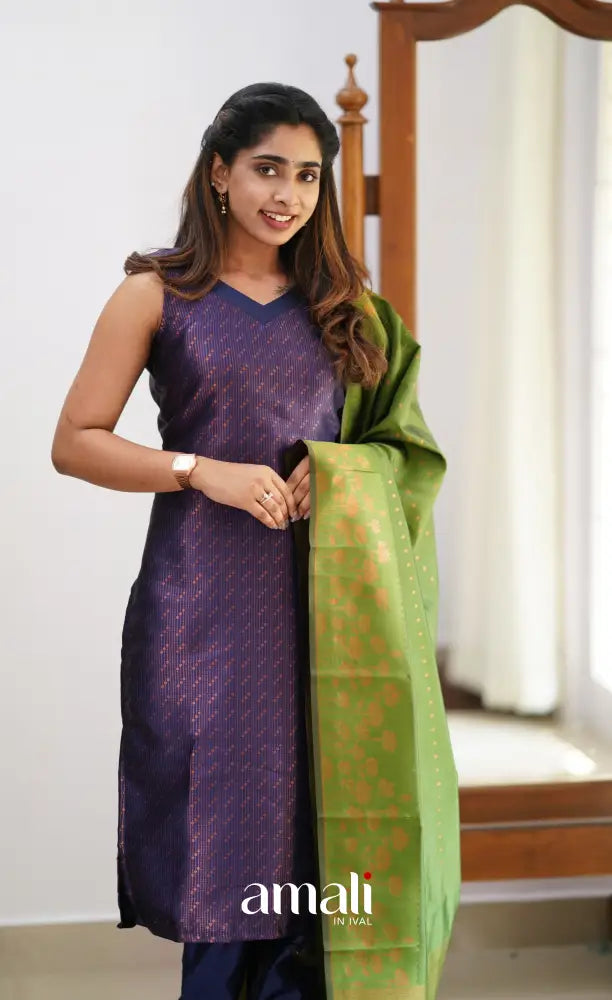 Sanvi - Dark Purplish Blue and Light Green Semi Kanchipuram Silk Salwar salwar