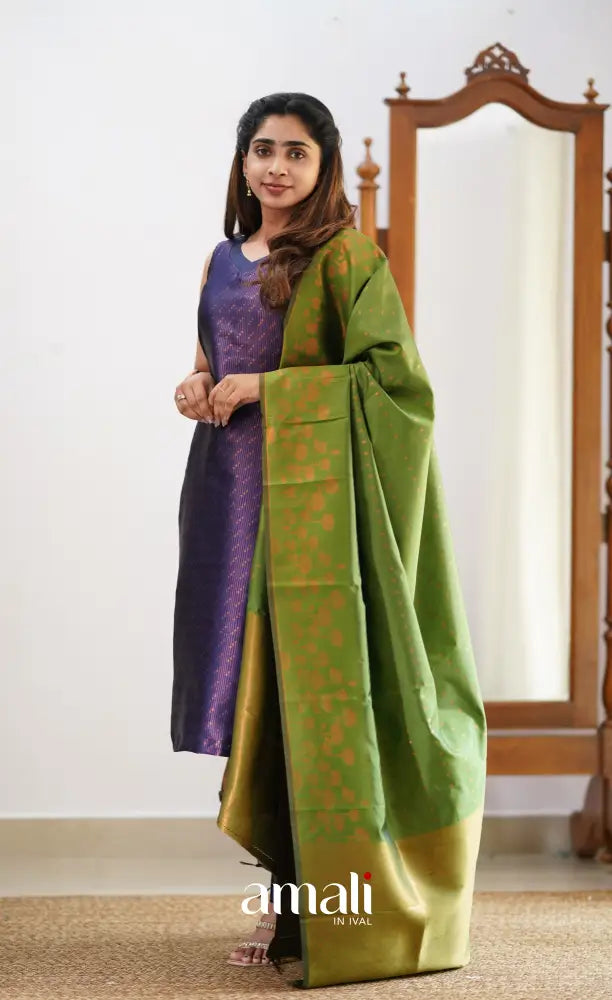 Samavi Color Sanvi - Dark Purplish Blue and Light Green Semi Kanchipuram Silk Salwa ...