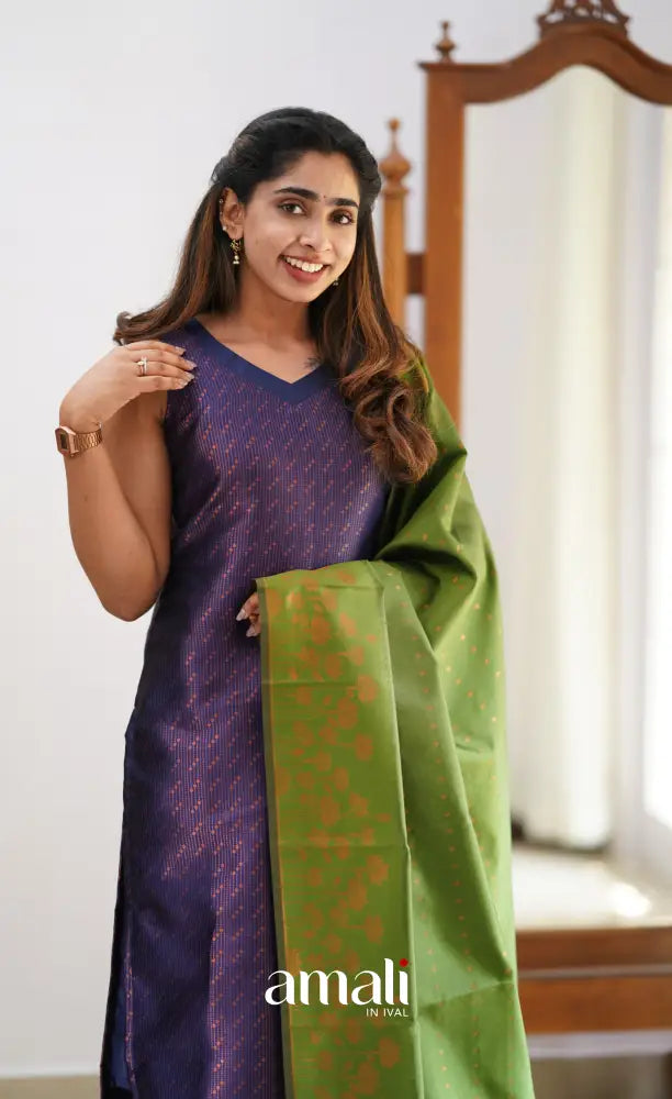 Sanvi - Dark Purplish Blue and Light Green Semi Kanchipuram Silk Salwar salwar