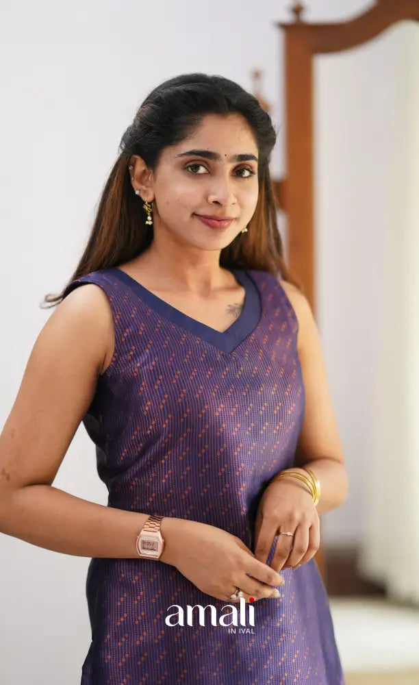 Sanvi - Dark Purplish Blue and Light Green Semi Kanchipuram Silk Salwar salwar