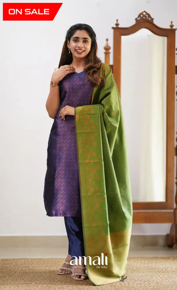 Sanvi - Dark Purplish Blue and Light Green Semi Kanchipuram Silk Salwar salwar