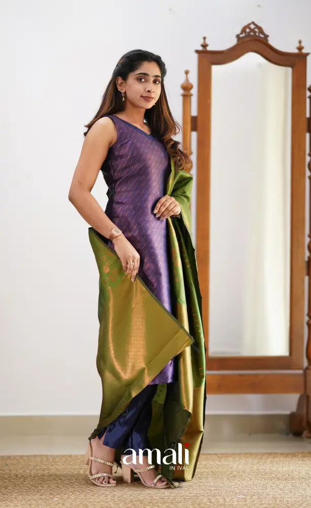 Sanvi - Dark Purplish Blue and Light Green Semi Kanchipuram Silk Salwar salwar