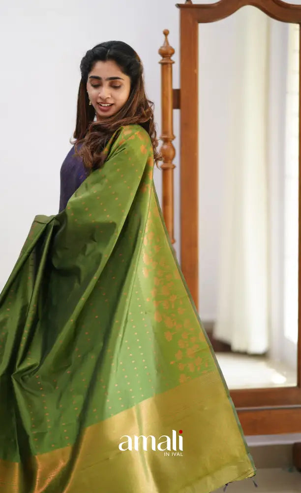 Sanvi - Dark Purplish Blue and Light Green Semi Kanchipuram Silk Salwar salwar