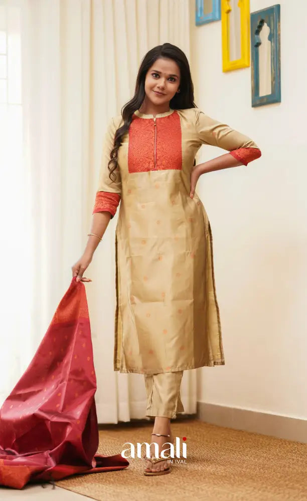 Sanvi - Golden Cream with Reddish Maroon Unstitched Semi Kanchipuram Silk Salwar salwar