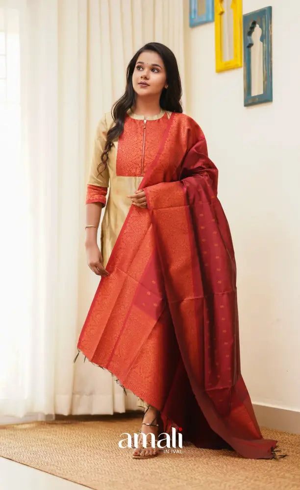 Sanvi - Golden Cream with Reddish Maroon Unstitched Semi Kanchipuram Silk Salwar salwar