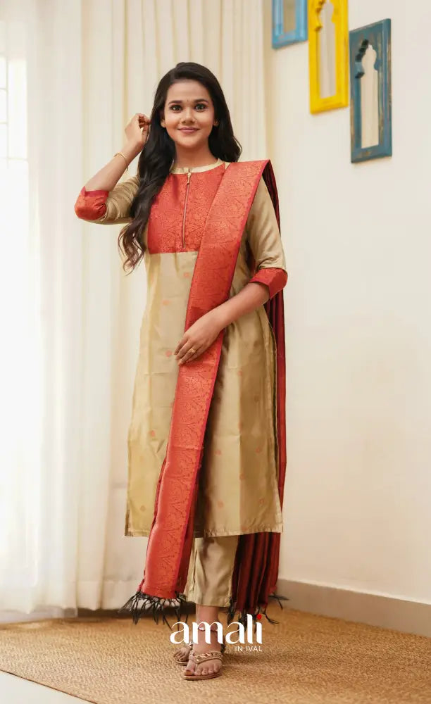 Sanvi - Golden Cream with Reddish Maroon Unstitched Semi Kanchipuram Silk Salwar salwar