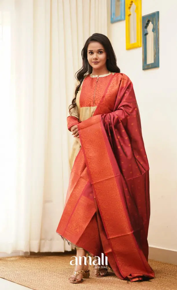 Sanvi - Golden Cream with Reddish Maroon Unstitched Semi Kanchipuram Silk Salwar salwar