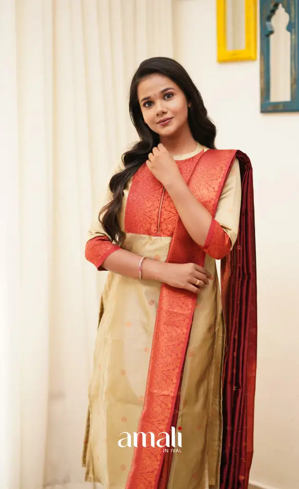 Sanvi - Golden Cream with Reddish Maroon Unstitched Semi Kanchipuram Silk Salwar salwar