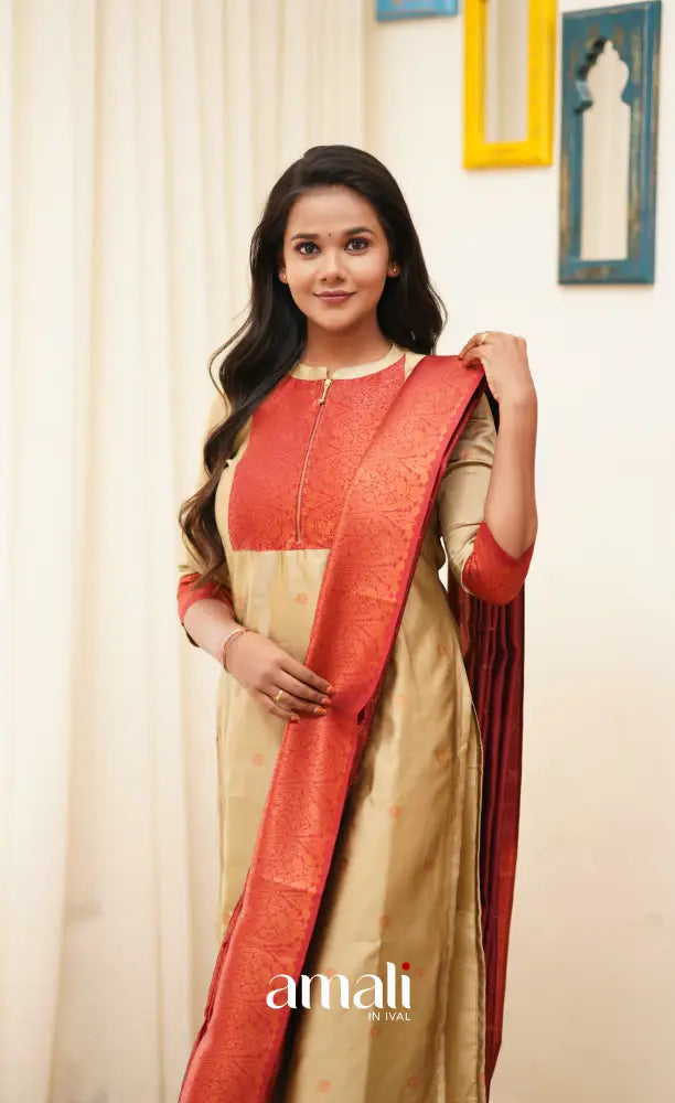 Sanvi - Golden Cream with Reddish Maroon Unstitched Semi Kanchipuram Silk Salwar salwar