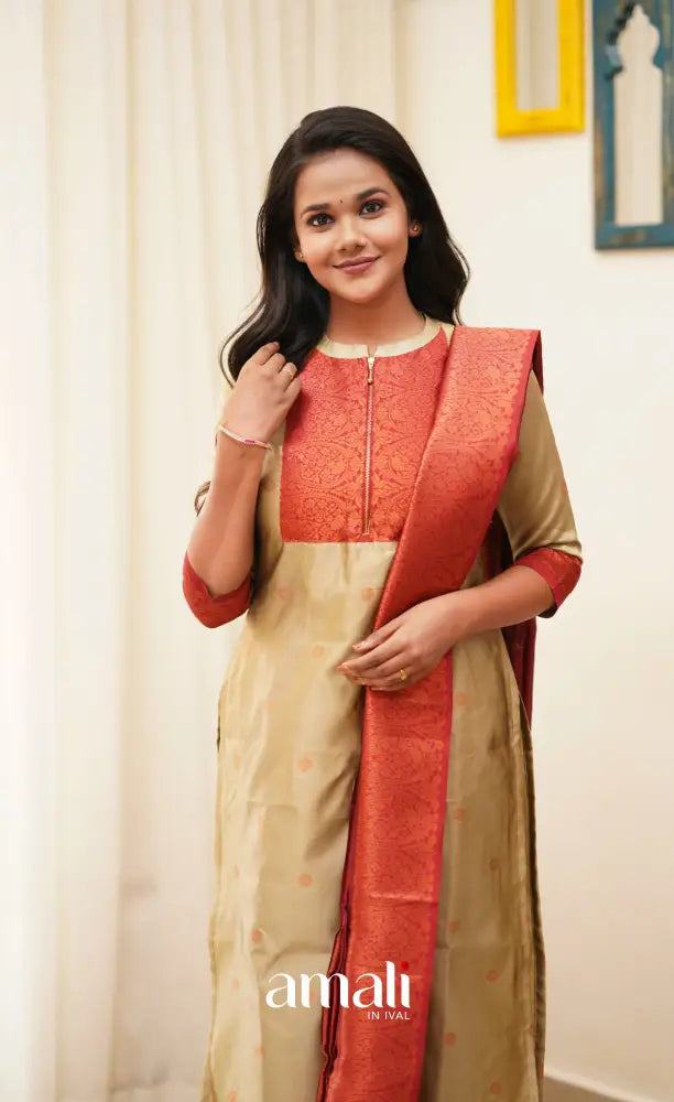 Sanvi - Golden Cream with Reddish Maroon Unstitched Semi Kanchipuram Silk Salwar salwar