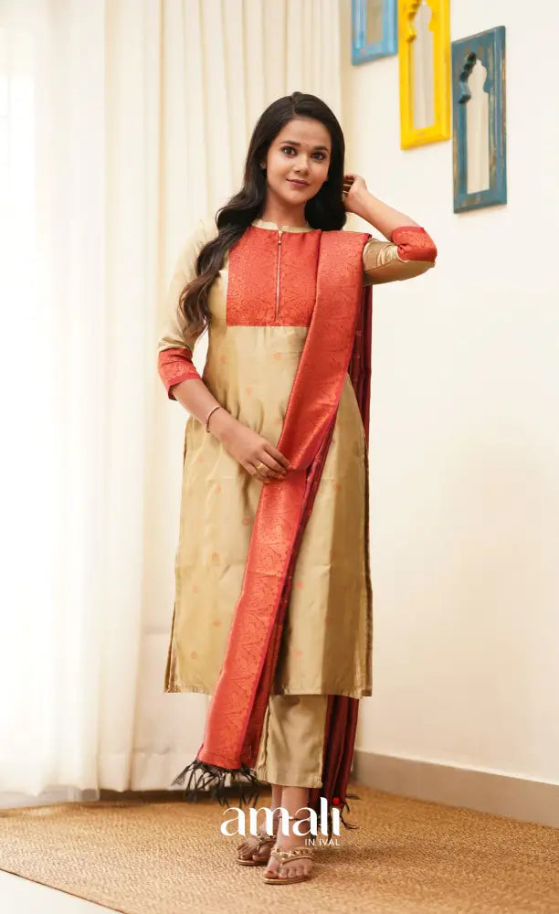 Sanvi - Golden Cream with Reddish Maroon Unstitched Semi Kanchipuram Silk Salwar salwar
