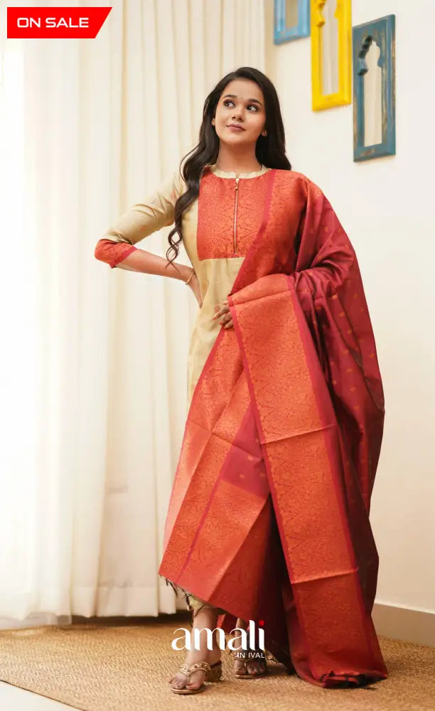 Sanvi - Golden Cream with Reddish Maroon Unstitched Semi Kanchipuram Silk Salwar salwar
