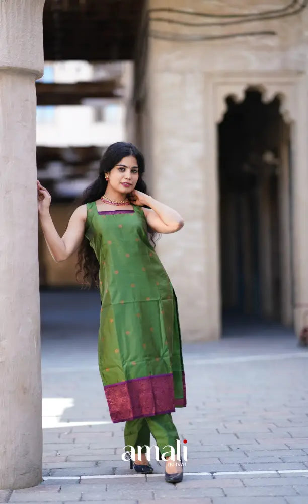 Sanvi - Green with Purple Unstitched Semi Kanchipuram Silk Salwar salwar