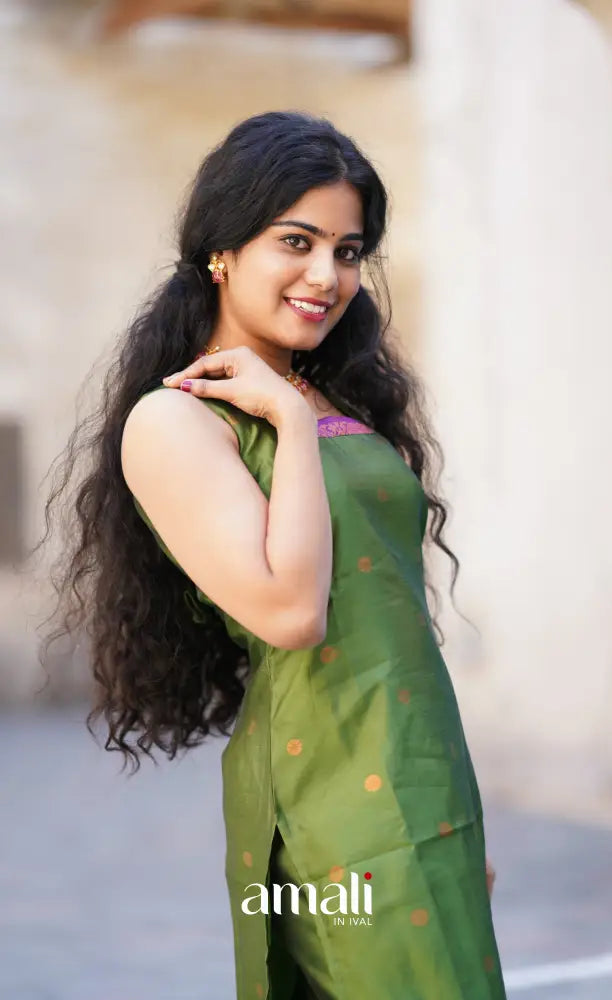 Sanvi - Green with Purple Unstitched Semi Kanchipuram Silk Salwar salwar