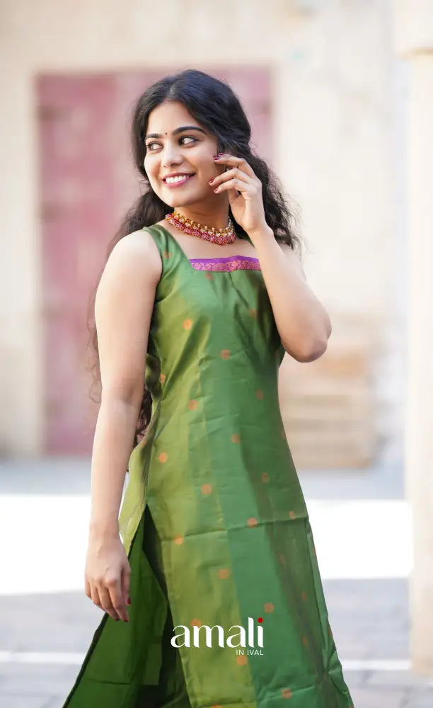 Sanvi - Green with Purple Unstitched Semi Kanchipuram Silk Salwar salwar