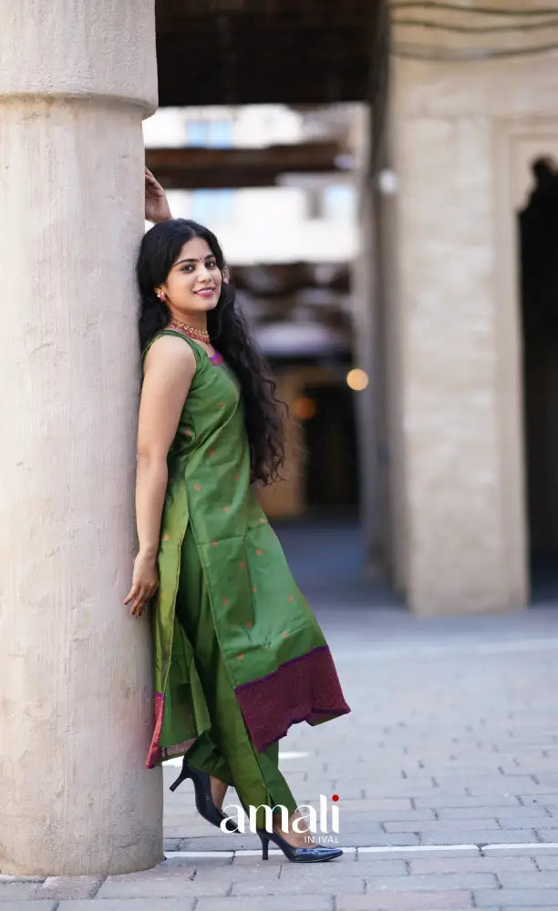 Sanvi - Green with Purple Unstitched Semi Kanchipuram Silk Salwar salwar