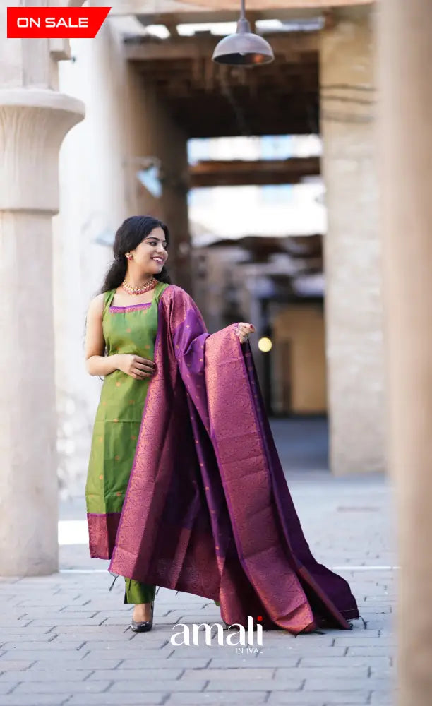 Sanvi - Green with Purple Unstitched Semi Kanchipuram Silk Salwar salwar