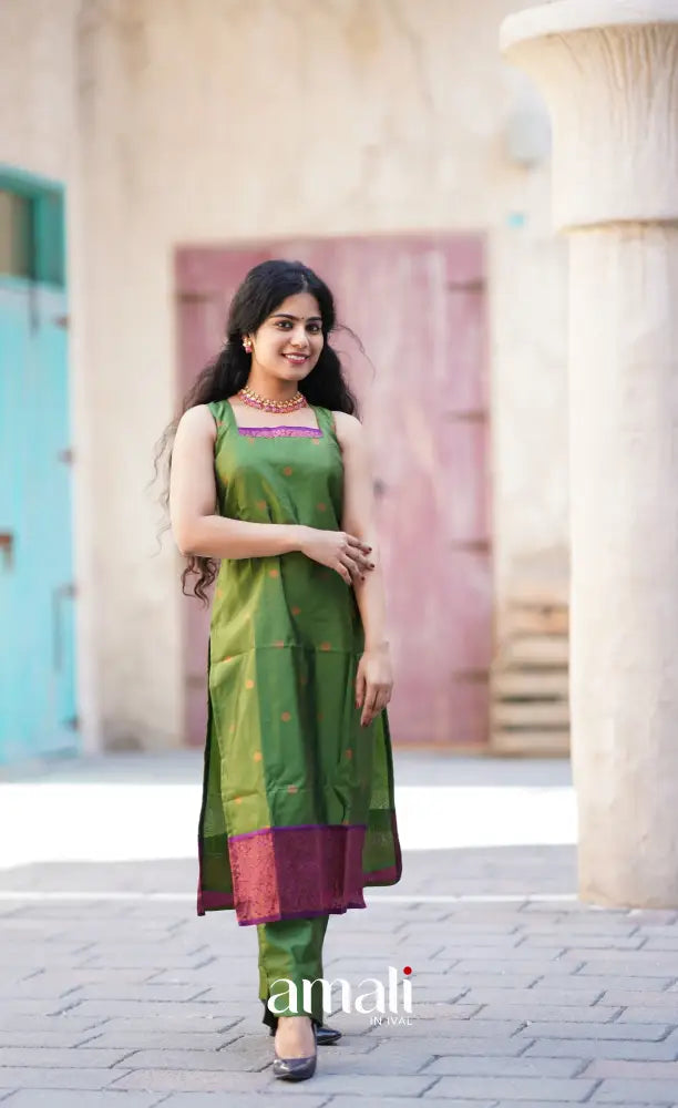 Sanvi - Green with Purple Unstitched Semi Kanchipuram Silk Salwar salwar