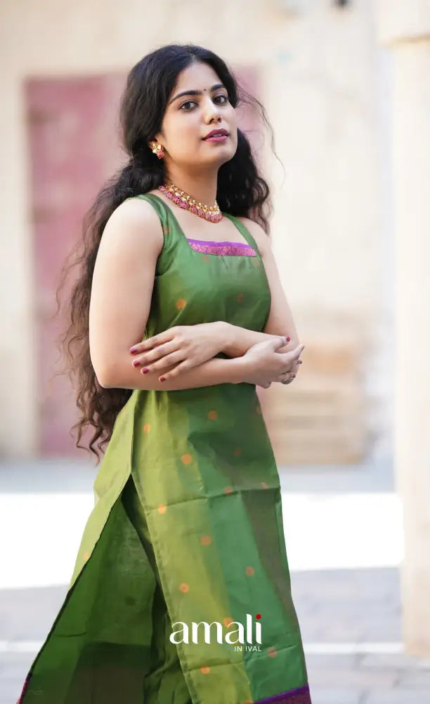Sanvi - Green with Purple Unstitched Semi Kanchipuram Silk Salwar salwar