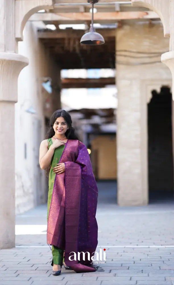 Sanvi - Green with Purple Unstitched Semi Kanchipuram Silk Salwar salwar