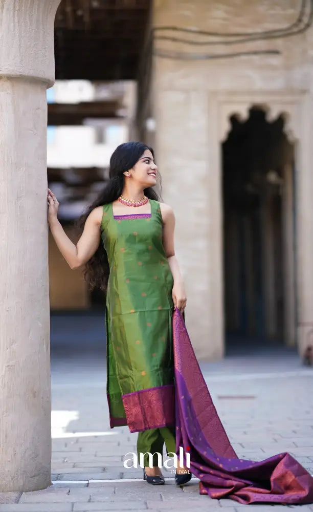 Sanvi - Green with Purple Unstitched Semi Kanchipuram Silk Salwar salwar