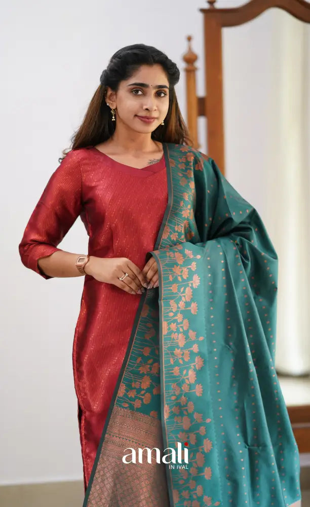 Sanvi - Maroonish Red and Dark Teal Semi Kanchipuram Silk Salwar salwar