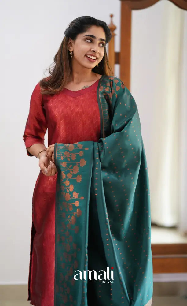 Sanvi - Maroonish Red and Dark Teal Semi Kanchipuram Silk Salwar salwar
