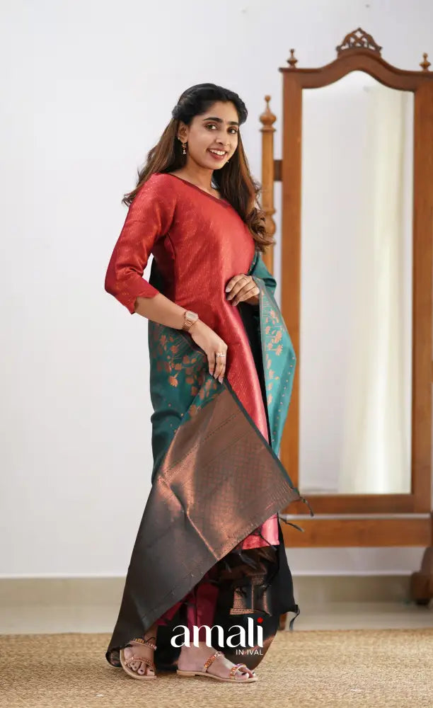Sanvi - Maroonish Red and Dark Teal Semi Kanchipuram Silk Salwar salwar