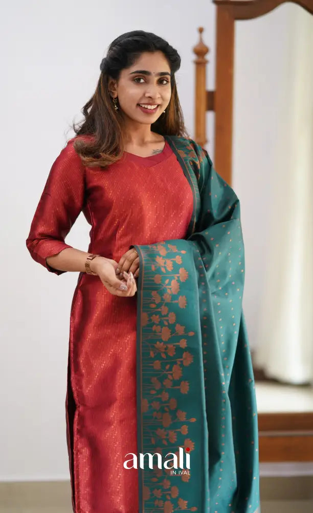 Sanvi - Maroonish Red and Dark Teal Semi Kanchipuram Silk Salwar salwar