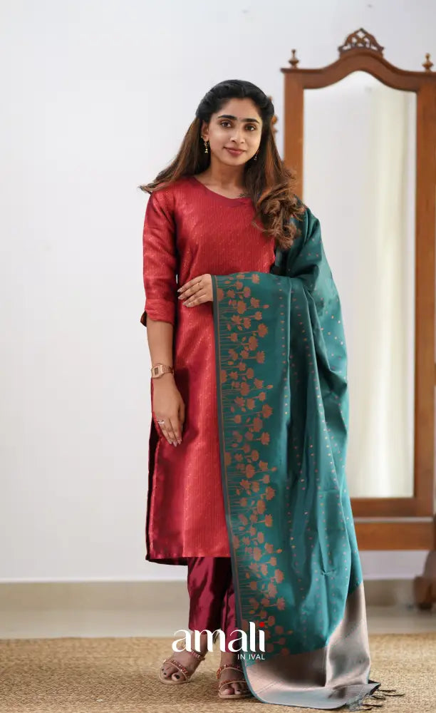 Sanvi - Maroonish Red and Dark Teal Semi Kanchipuram Silk Salwar salwar